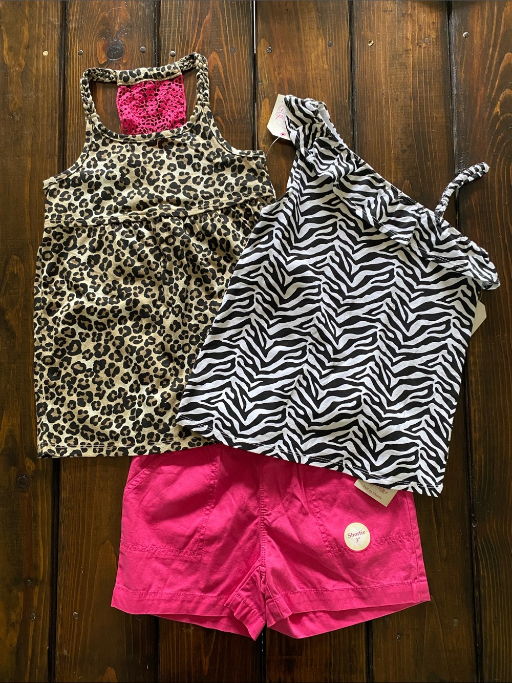 Leopard Tank w/Hot Pink Lace Back, Zebra Shoulder Tank & Hot Pink Pull-On Shorts